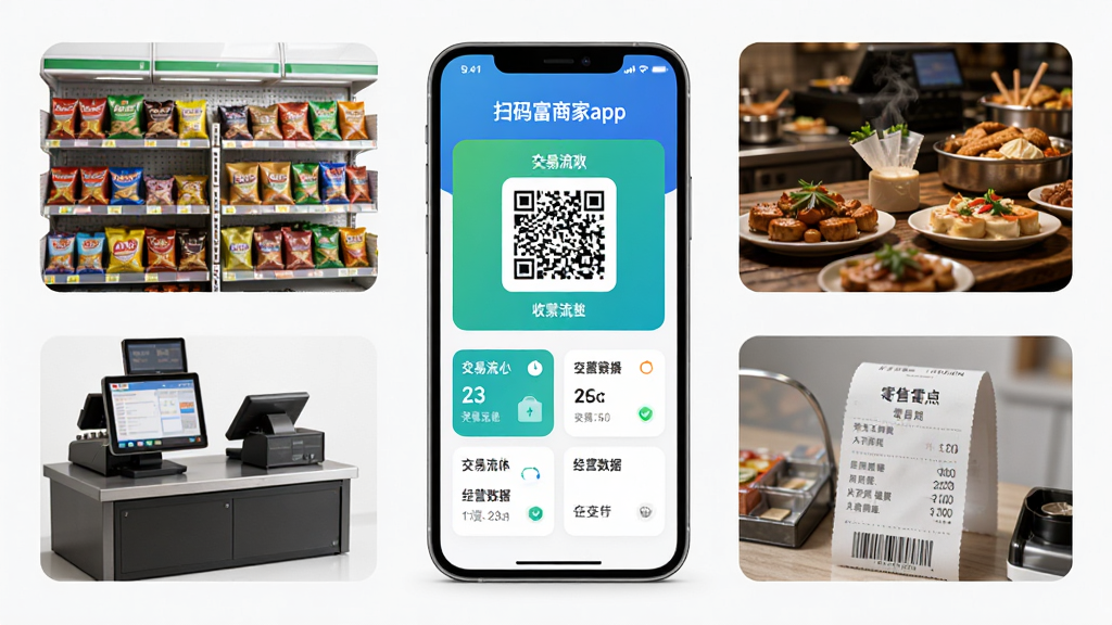 手机屏幕中央展示“扫码富商家app”主界面,界面包含收款码、交易流水、经营数据卡片等模块,周围环绕便利店货架、餐饮收银台、零售小票等商业场景元素,布局居中对称,风格简洁现代科技感,细节清晰,画质高清,干净背景,无多余元素
