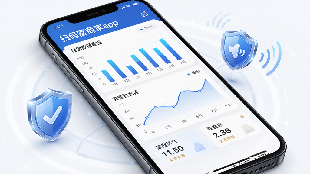 手机屏幕显示“扫码富商家app”经营数据看板,包含柱状图、折线图与数字卡片,旁边有盾牌图标与语音播报波纹元素,布局清晰,风格商务科技感,细节精致,画质高清,干净背景,无多余元素