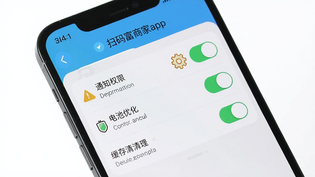 手机屏幕显示“扫码富商家app”设置页面,包含通知权限、电池优化、缓存清理等选项开关,旁边有警示图标与齿轮元素,布局清晰,风格简洁实用,细节明确,画质高清,干净背景,无多余元素