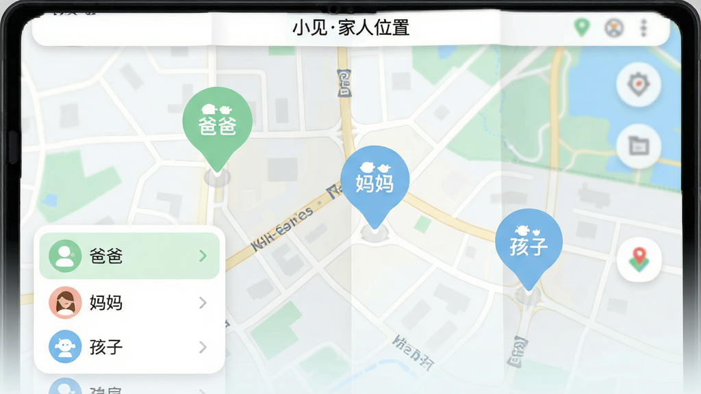 画面主体为一张展开的电子地图界面,地图上分布三个不同颜色的定位图标,分别标注“爸爸”“妈妈”“孩子”字样,布局为地图铺满画面,顶部有简洁的状态栏显示“小见家人位置”,排版采用卡片式浮层展示成员列表于左下角,风格为清爽的扁平化UI设计,细节包括柔和的街区线条、圆角图标、淡绿色与浅蓝色配色,画质高清干净,无多余元素