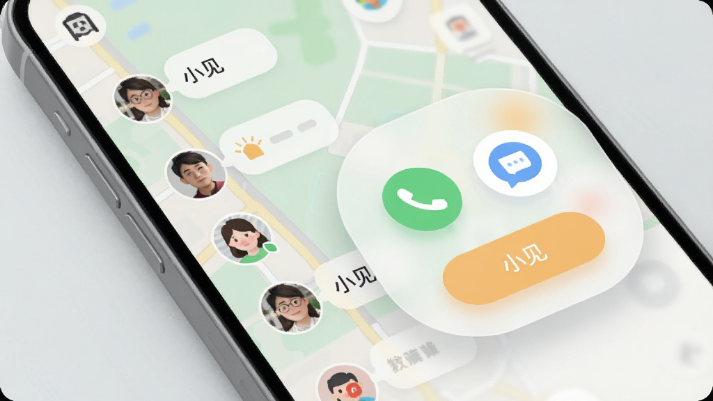 画面主体为手机屏幕特写,界面左侧显示地图与成员头像,右侧弹出圆形快捷联系按钮,按钮上带有电话与消息图标,布局为手机斜置于浅灰色背景上,排版突出按钮区域,风格为柔和圆角扁平设计,细节包括半透明浮层、暖色按钮、简洁的成员头像气泡,画质清晰干净,图片中文字为“小见”