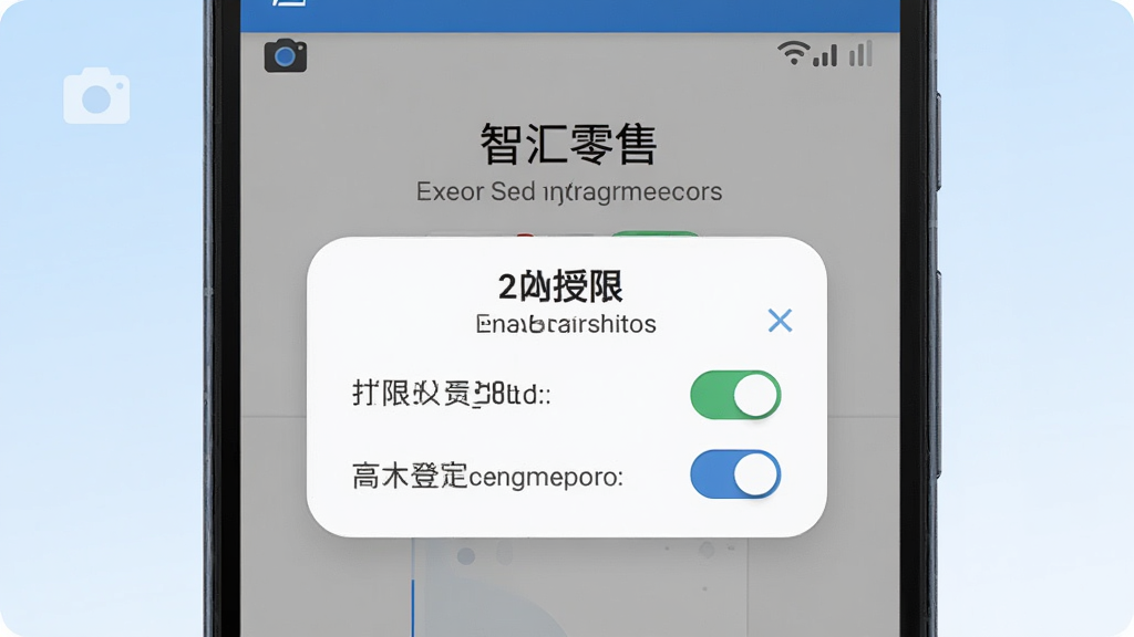 一部安卓手机显示“智汇零售”登录与权限授权界面,屏幕旁有摄像头图标与网络信号标识;布局为手机正面特写,背景为简洁浅蓝渐变;排版突出授权弹窗;风格为科技说明风;细节包括权限开关、提示文字、圆角弹窗;画质清晰干净,无多余元素