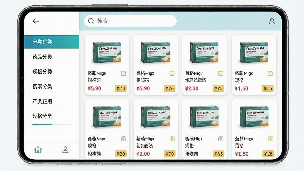 药终端应用商品分类页面展示,主体为手机界面中的药品分类网格与搜索栏,布局为左侧分类导航、右侧商品卡片列表,排版整齐,风格为简洁医疗商务风,细节包含药盒缩略图、价格标签、规格文字,画质清晰,干净,无多余元素
