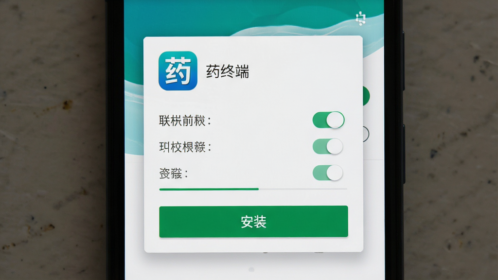 安卓手机安装应用界面,主体为手机屏幕中的安装确认弹窗与权限开关,布局居中,排版为上方应用图标与名称、中部权限列表、底部安装按钮,风格为系统原生简洁风,细节包含