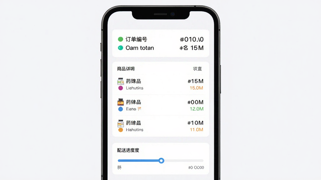 药终端应用订单详情界面,主体为手机屏幕中的订单卡片与状态时间轴,布局为上方订单编号、中部商品明细列表、下方配送进度条,排版清晰,风格为扁平化商务设计,细节包含状态圆点、金额数字、药品名称,画质高清,干净,无多余元素