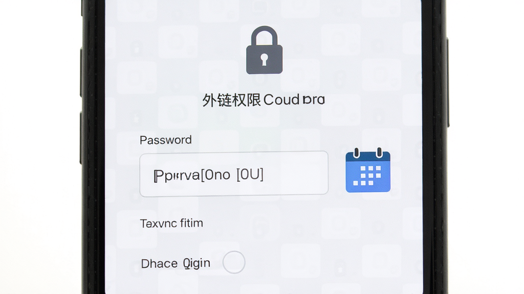 外链云盘 链接权限设置界面 主体为手机屏幕显示密码输入框与有效期选项 布局上下结构 排版规整 风格简约商务 细节包含锁形图标与日历标识 画质清晰 干净 无多余元素