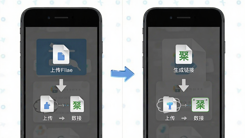外链云盘 手机端操作流程示意图 主体为手机屏幕展示上传文件与生成链接两个步骤 布局左右分栏 排版清晰 风格简洁明快 细节包含箭头指引与文件图标 画质干净 无多余元素