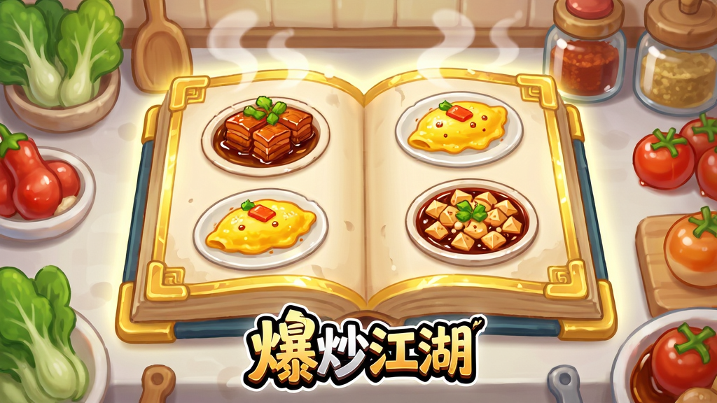 Q版卡通风格的厨房操作台特写,台面上铺开一本发光的古风菜谱书,书页上浮现出红烧肉、蛋包饭、麻婆豆腐等菜品图案,周围散落着新鲜食材与调味罐,画面中央有爆炒江湖游戏名称标识,布局为中心对称排版,风格为明亮可爱的手绘插画,细节包括菜谱书烫金边框、食材光泽质感、蒸汽缭绕效果,画质细腻干净,无多余装饰元素