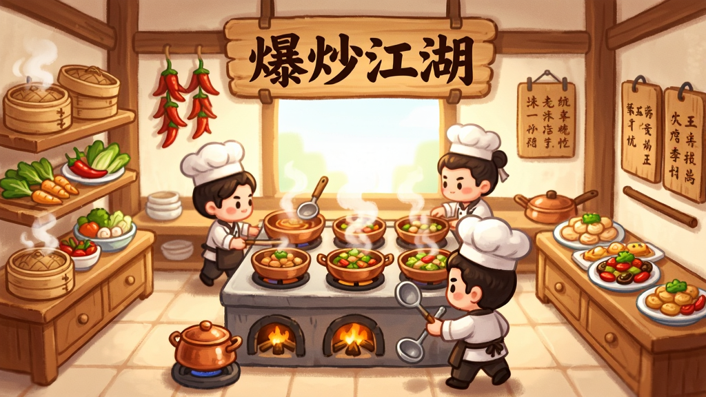 画面主体为一间古风客栈的明亮厨房,中央灶台上摆满冒着热气的菜肴,几位Q版厨师角色忙碌穿梭,背景是木质招牌写着爆炒江湖四个大字,布局采用三分法构图,左侧展示食材架右侧展示菜品陈列,整体风格为Q版卡通手绘,细节包括蒸笼热气、辣椒串、铜锅铁勺、木质菜单牌,画质清晰色彩温暖饱和,画面干净无多余元素
