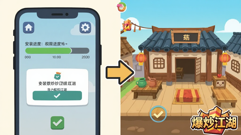 卡通风格的教学示意图,画面分为左右两部分,左侧是手机屏幕显示安装进度条与权限弹窗,右侧是游戏主界面中的客栈场景,中间用箭头连接,画面角落标注爆炒江湖游戏标识,布局为左右对比式排版,风格为简洁明快的扁平插画,细节包括手机图标、齿轮设置符号、勾选标记,画质清晰干净,无多余文字堆砌