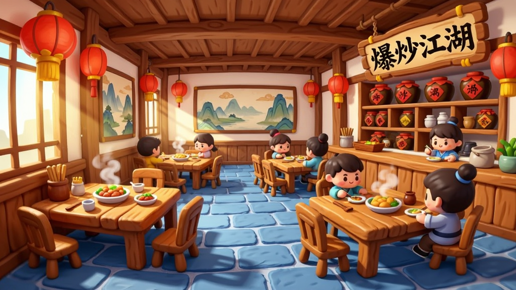 卡通风格的古风餐厅内景全景,木质桌椅整齐排列,墙上挂着红灯笼与山水画,柜台后摆放着各式酒坛,几位Q版食客正围坐用餐,画面右上角有爆炒江湖字样的木质牌匾,布局为广角透视展现空间层次,风格为温馨明快的Q版手绘,细节包括桌上热气腾腾的菜肴、窗棂光影、地面青砖纹理,画质清晰干净,无杂乱元素