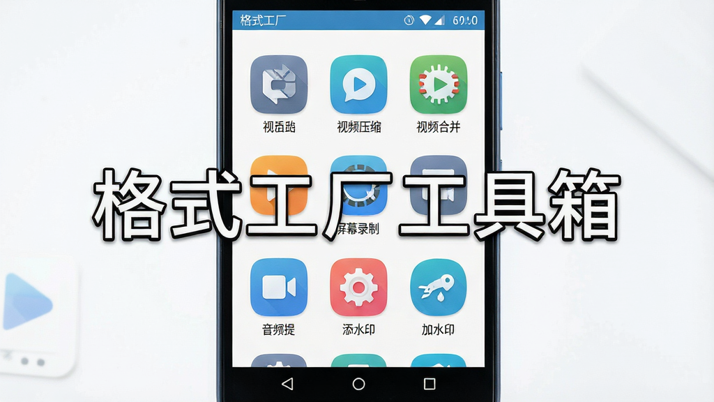 主体是一部安卓手机屏幕特写,屏幕中展示格式工厂的工具箱页面,页面内排列视频压缩、视频合并、音频提取、屏幕录制、添加水印等多个功能图标;布局为手机居中、图标呈网格状分布;风格为明亮清新的移动端UI展示图;细节包括图标圆角设计、顶部状态栏、底部导航栏,画面中打文字“格式工厂工具箱”;画质高清,画面干净,无多余元素