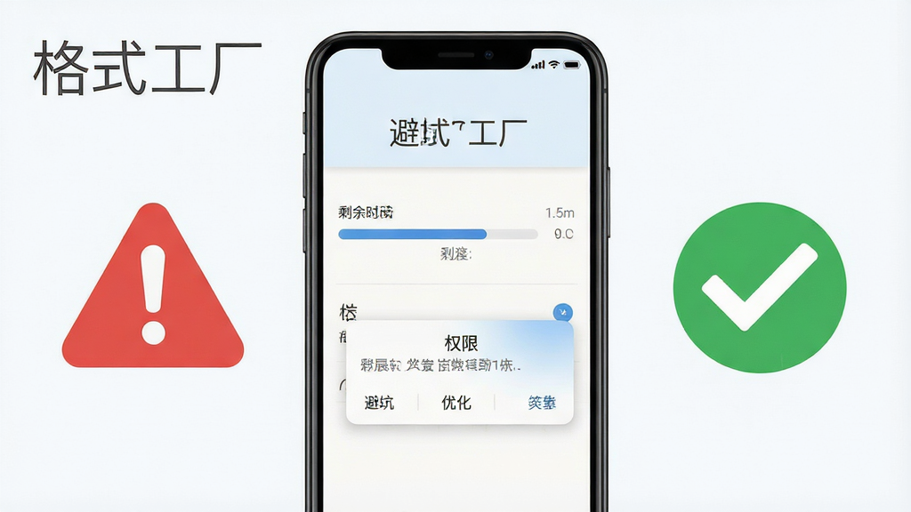 主体是一部手机屏幕显示格式工厂转换进度界面,画面旁边有一个红色警示图标和一个绿色对勾图标分别代表避坑与优化;布局为手机居中、图标分列两侧;风格为简洁的提示类插画;细节包括进度条、剩余时间文字、权限弹窗示意,画面中打文字“格式工厂”;画质清晰,画面干净,无多余元素