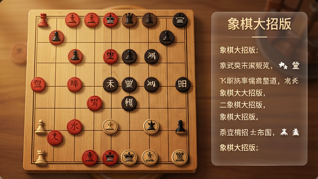 一张展示中国象棋残局解析界面的图片,画面中心是木质纹理的象棋棋盘,棋盘上红黑棋子呈攻杀态势,棋盘右侧浮现半透明的步骤说明面板,顶部有“象棋大招版”字样,整体为暖色调,布局清晰,风格简洁现代,画质细腻,干净无多余元素