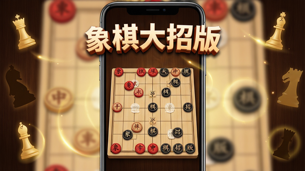 一幅竖版手机应用宣传图,画面中央是一部智能手机,屏幕上显示中国象棋棋盘与红黑棋子对弈场景,棋盘上方悬浮着“象棋大招版”五个立体中文字,背景为深木色渐变,周围点缀少量金色棋子剪影与光晕,整体风格写实整洁,画质清晰,干净无多余元素