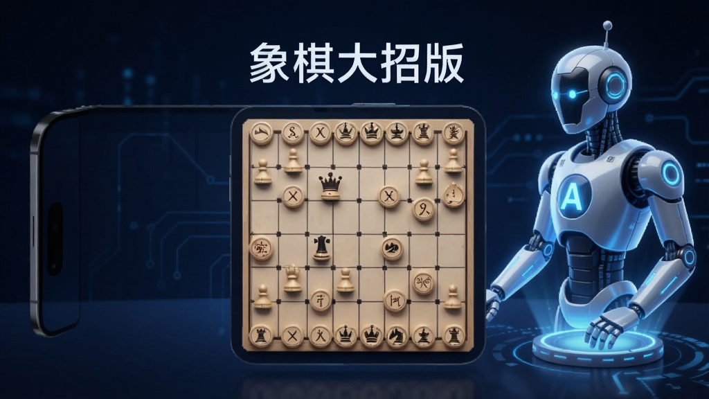 一幅中国象棋人机对战场景图,画面中手机屏幕显示棋盘,对面虚拟出一个发光的AI机器人形象,棋盘上方标注“象棋大招版”中文名,背景为深蓝色科技感渐变,整体风格现代简约,画质清晰,干净无多余元素