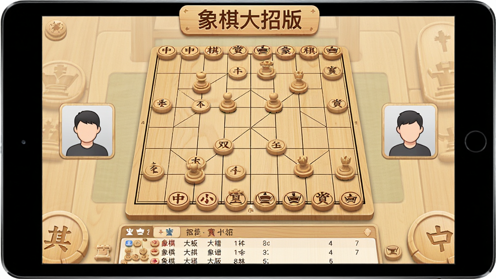 一张中国象棋双人对弈界面示意图,画面中平板或手机屏幕显示完整棋盘,两侧各有一个玩家头像图标,棋盘下方有棋谱记录列表,屏幕上方显示“象棋大招版”文字标识,整体为浅色木质风格,布局对称,画质清晰,干净无多余元素
