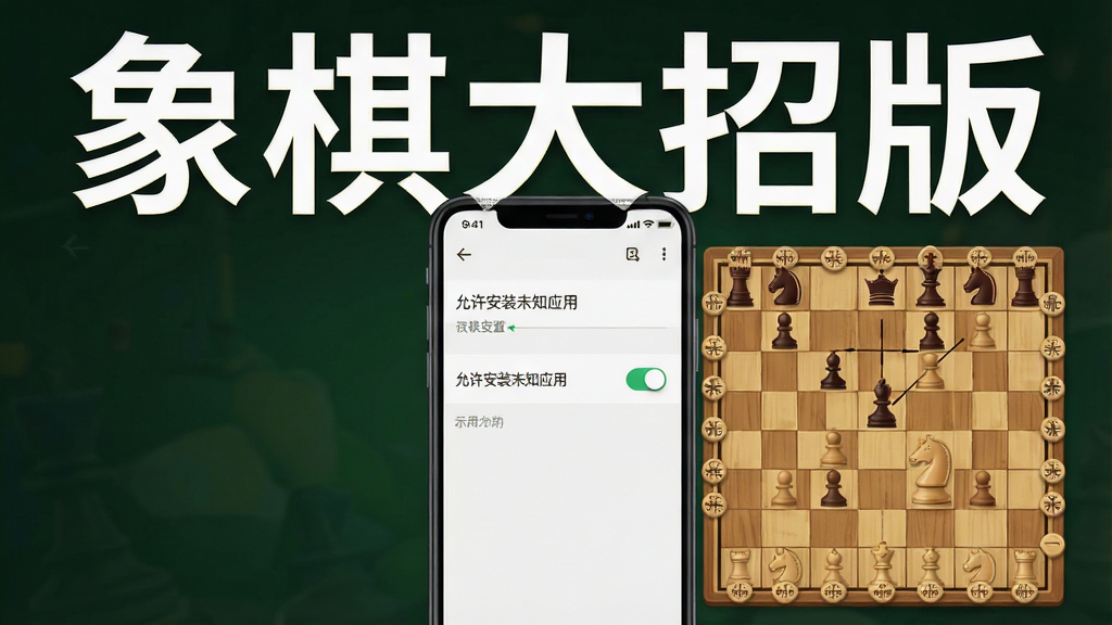 一幅展示手机应用安装权限设置的示意图,画面中手机屏幕显示“允许安装未知应用”开关界面,旁边有象棋棋盘元素点缀,顶部有“象棋大招版”文字,整体为浅色系统界面风格,画质清晰,干净无多余元素