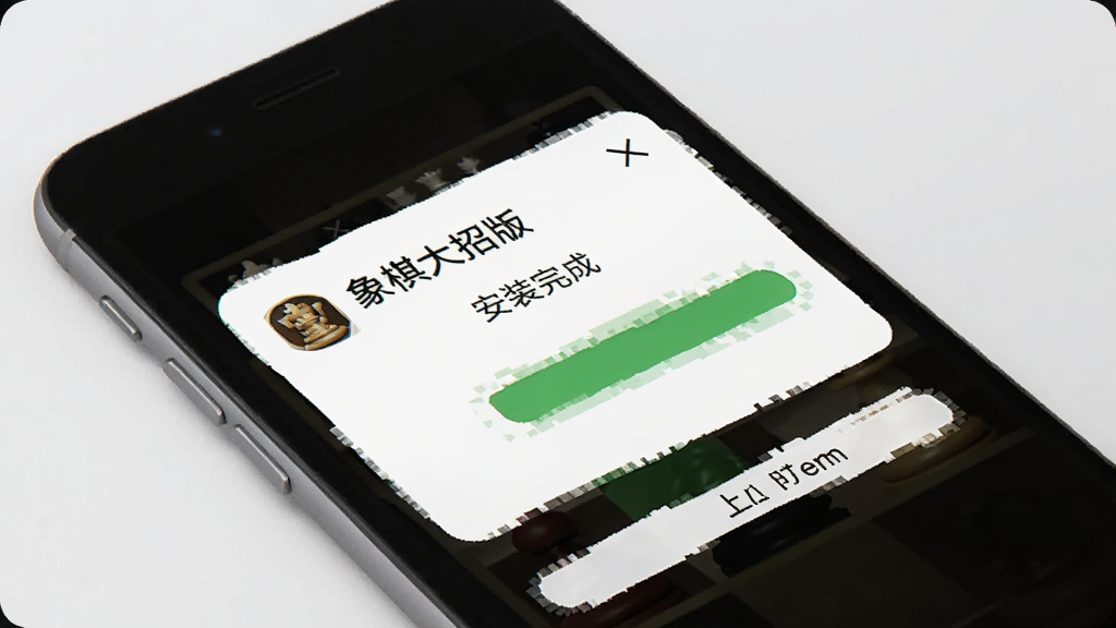 一幅展示手机存储空间与象棋应用安装的示意图,画面中手机屏幕弹出“象棋大招版”安装完成提示,旁边有存储空间条显示占用较小,背景为浅灰色简洁风格,画质清晰,干净无多余元素