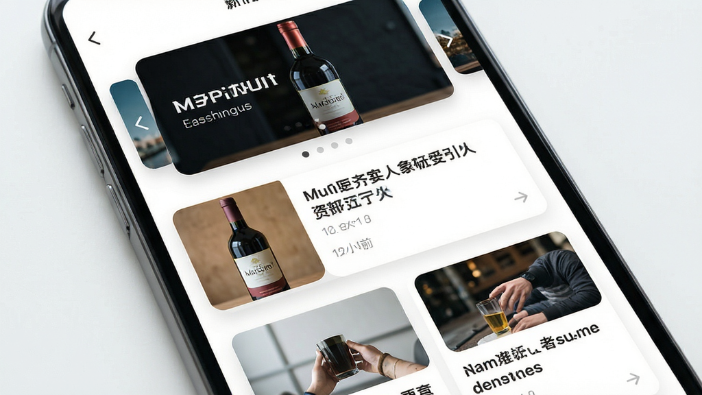 主体为手机资讯列表页面,布局为顶部轮播图加下方图文资讯卡片流,风格为清爽阅读类App设计,细节包含酒瓶配图、标题文字与时间标签,画质干净清晰,无多余元素