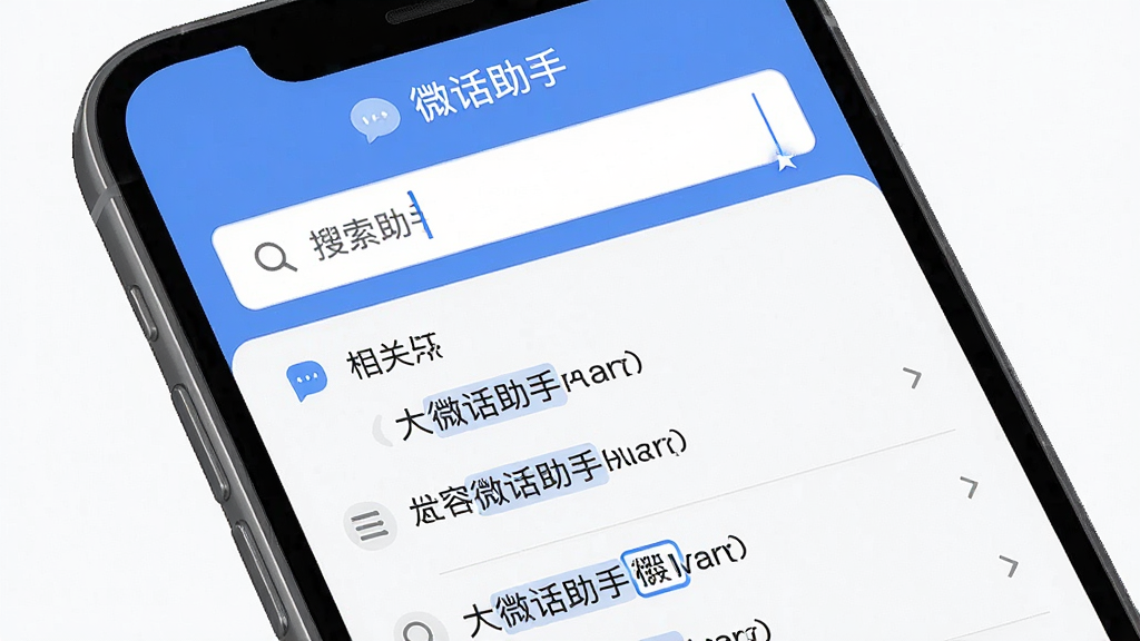 一张展示微话助手内容检索功能的界面效果图,画面为手机屏幕正面视图,屏幕中显示搜索框与检索结果列表,搜索框内有光标闪烁,结果列表按相关度排列,布局为上下结构,风格现代扁平化,细节上突出搜索图标与高亮关键词,画质高清干净,画面中可出现