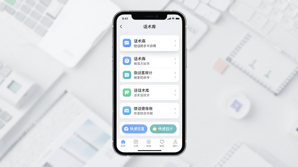 一张展示微话助手应用主界面的手机屏幕效果图,画面中央是一部竖屏智能手机,屏幕上显示微话助手应用界面,界面包含话术库列表、快捷回复按钮和底部导航栏,布局简洁清晰,整体采用浅色系配色,风格现代清爽,细节上突出图标与卡片的层次感,画质高清干净,无多余元素