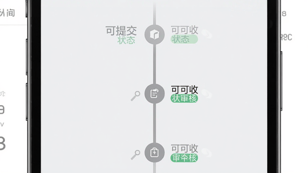 主体是手机屏幕展示订单进度时间轴界面,时间轴上标注提交、审核、结算三个节点;布局为手机竖屏居中,时间轴纵向排列;排版简洁清晰;风格商务浅灰配色;细节上节点带有