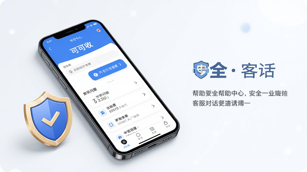 主体是手机屏幕展示帮助中心与客服对话界面,旁边有盾牌图标象征安全提示;布局为手机斜放加盾牌点缀;排版左图右文式构图;风格简洁安全主题配色;细节上界面带有