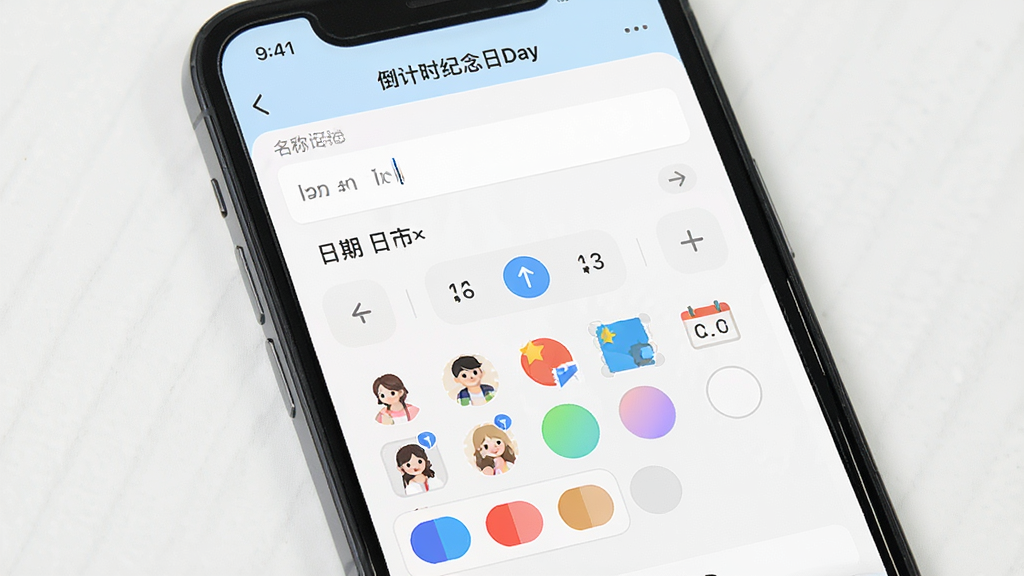 一张手机屏幕截图风格图片,画面中央展示倒计时纪念日Day软件的新建纪念日界面,包含名称输入框、日期选择器、图标库与颜色标签选项,界面布局清晰,风格简洁明快,细节包含“倒计时纪念日Day”文字标识,画质清晰,干净,无多余元素