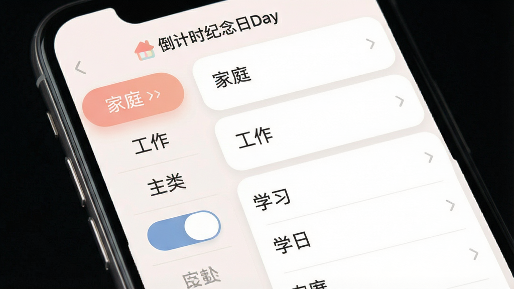 一张手机应用界面展示图,主体为倒计时纪念日Day的分类管理页面,布局为左侧分类标签栏与右侧纪念日列表,包含“家庭”“工作”“学习”等分类,风格柔和圆角设计,细节包含主题配色切换按钮与软件名称“倒计时纪念日Day”,画质清晰,干净,无多余元素
