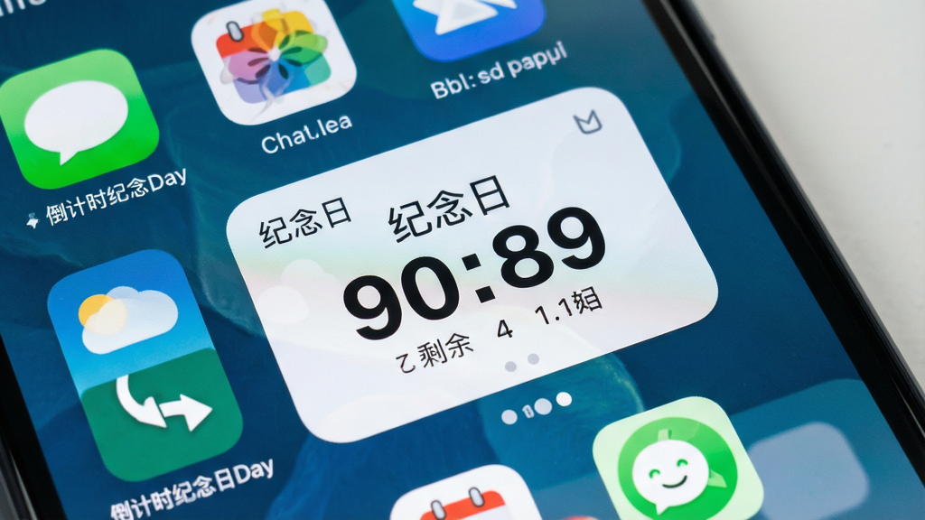 一张手机桌面场景图,画面中展示倒计时纪念日Day的桌面小组件,小组件以卡片形式显示“纪念日”名称与剩余天数,周围为常见手机应用图标布局,风格生活化,细节包含软件名称“倒计时纪念日Day”字样,画质清晰,干净,无多余元素