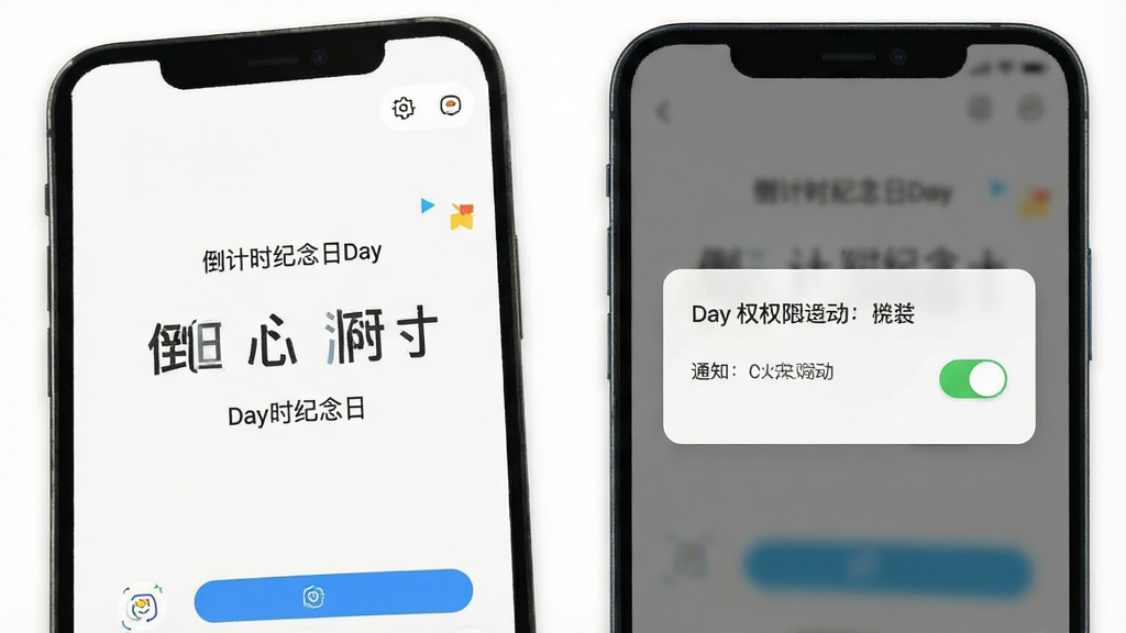 一张手机操作示意图,画面展示倒计时纪念日Day安装完成后的首次启动界面,布局为软件欢迎页与权限请求弹窗,风格简洁引导式设计,细节包含“倒计时纪念日Day”名称与通知权限开关,画质清晰,干净,无多余元素