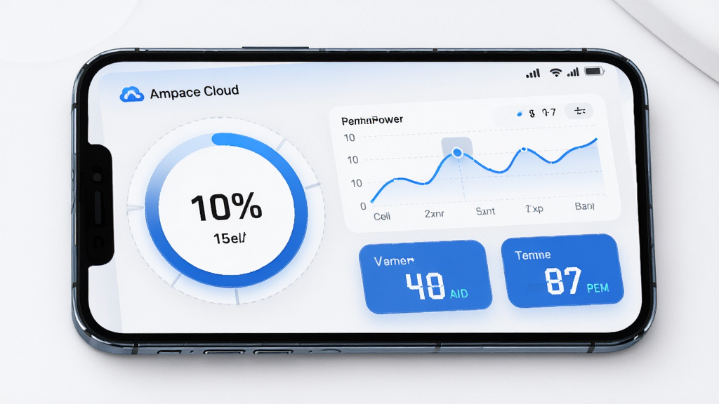 Ampace Cloud Ӧ�ý�����չʾ�����豸ʵʱ����Ǳ��̣��������ֻ���ĻΪ���壬��Ļ�ڰ��������ٷֱ�Բ������������ͼ���¶���ֵ��Ƭ����ɫΪ���׿Ƽ��磬������������������ִ���Լ��ϸ��ͻ�����ݿ��ӻ�ͼ���ľ����ʸУ����ʸ��壬�����ɾ�������Ԫ�ء�