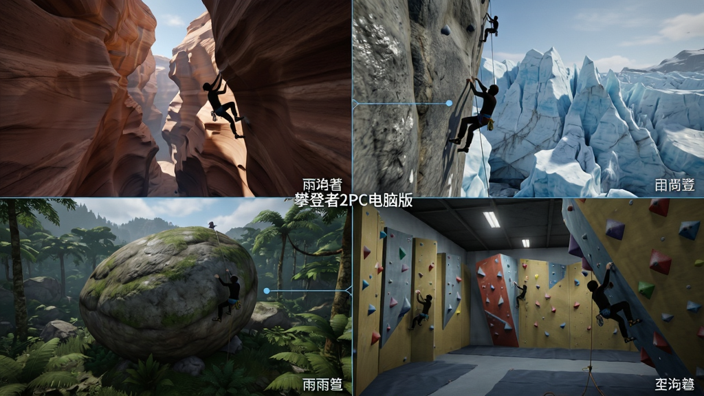 画面采用四宫格拼图布局,分别展示砂岩峡谷、冰川岩壁、雨林巨石与室内攀岩馆四种场景的攀爬视角,每个格子右下角用白色小字标注场景名称,画面中心以细线连接四个格子并标注“攀登者2PC电脑版”,整体风格为写实游戏截图质感,细节包括不同岩壁的纹理差异、光线变化与攀爬者剪影,画质清晰通透,排版整洁有序