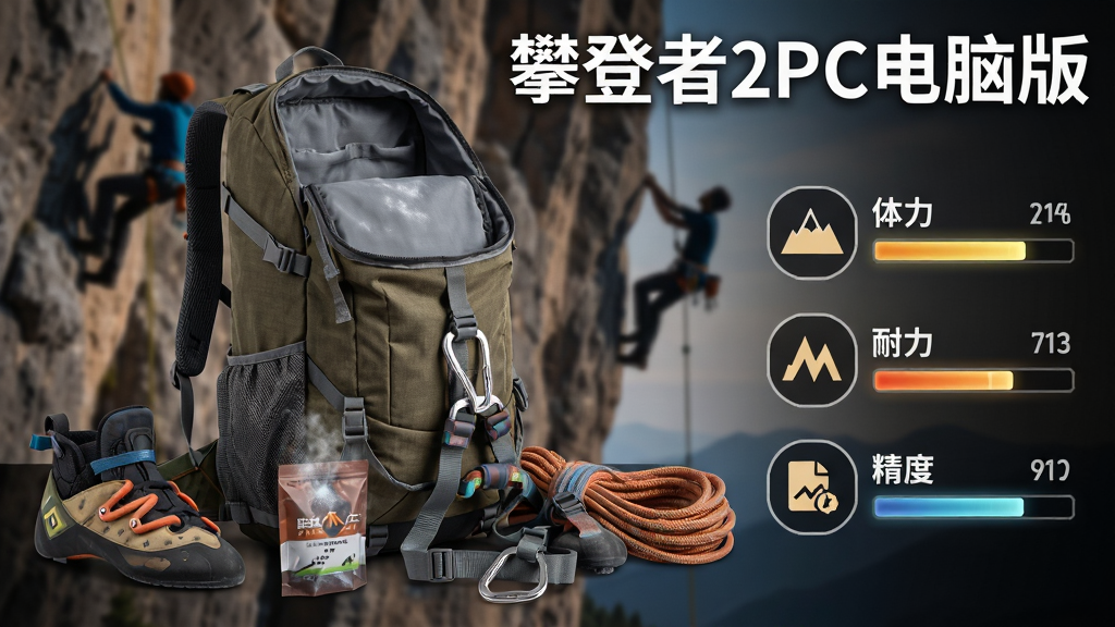 画面主体为一个打开的户外装备背包与散落在旁的攀岩鞋、镁粉袋、安全带和绳索,背景为模糊的岩壁与攀岩者剪影,画面右侧以竖向排列的图标展示体力、耐力、精度三项属性数值,顶部用白色粗体字写着“攀登者2PC电脑版”,整体风格为产品展示与游戏UI结合,细节包括装备材质纹理与属性条的高亮效果,画质干净利落,无多余背景干扰