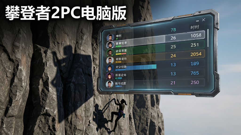 画面为一块悬浮在半空中的半透明排行榜面板,面板上显示多位玩家的头像、昵称与用时数据,面板下方是陡峭的岩壁与正在攀爬的角色剪影,画面左上角用白色粗体字标注“攀登者2PC电脑版”,整体风格为科技感游戏界面与写实场景融合,细节包括排行榜的金属边框、数据高亮条与岩壁的阴影层次,画质清晰锐利,排版简洁大气