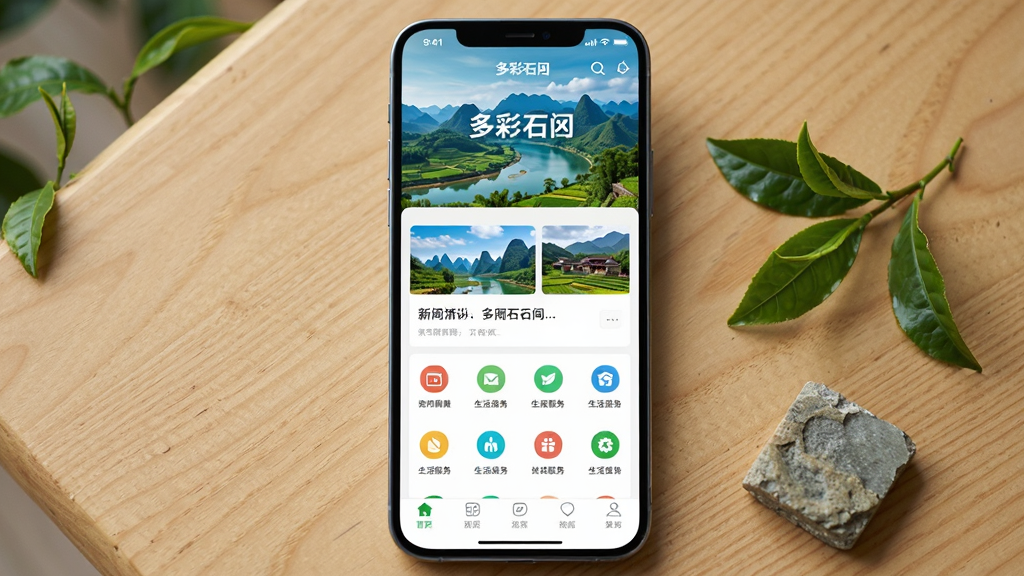 ��������Ϊһ�����������ֻ�����Ļ����չʾ�����ʯ�䡱Ӧ����ҳ���棬���涥����ʯ��ɽˮ�����ͼ���в�Ϊ������Ѷ��Ƭ���������ͼ�����񣬵ײ�Ϊ���������ֻ�������ľ�������ϣ��Աߵ�׺��Ƭ��ɫ��Ҷ��һС��ʯ������װ�Σ����岼�־��жԳƣ��Ű�ɾ����䣻���Ϊ����дʵ��Ʒչʾ�磻ϸ������Ļ������Ȼ��ͼ�����������ֿɱ棻���ʸ��塢����ɾ����޶���Ԫ��