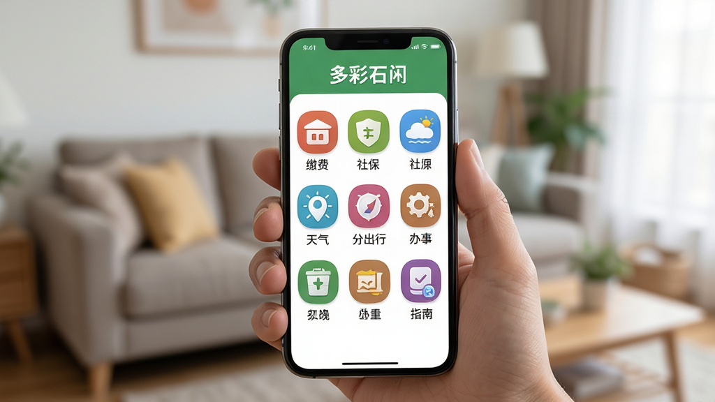 ��������Ϊ�ֻ�����չʾ�����ʯ�䡱�������ҳ�棬��Ļ���ԾŹ�����ʽ���нɷѡ��籣�����������С�����ָ�ϵȲ�ɫͼ�꣬ÿ��ͼ���·��ж�Ӧ���ı�ǩ���ֻ���һֻ�����գ�����Ϊ�Ӽҿ��������黯������Ϊ�ֲ��ֻ����й�ͼ�����Ϊ�����Ʒ��ʾ�磻ϸ����ͼ��Բ��ɫ�����졢��ָ��Ȼ�����ʸ��塢����ɾ����޶���Ԫ��