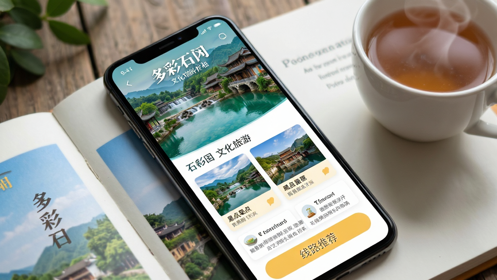 ��������Ϊ�ֻ���Ļ��ʾ�����ʯ�䡱�Ļ�������Ŀҳ�棬��Ļ�Ϸ�Ϊʯ����Ȫ��Ž����羰��ͼ���·�Ϊ���㿨Ƭ�б�����·�Ƽ���ť��ҳ����ɫ��������ů��Ϊ�����ֻ�б����һ���򿪵������ֲ��ϣ��Ա���һ���Ȳ裻����Ϊб��չʾ��ͼ�����Ϊ�����������з磻ϸ���Ϸ羰ͼ��η����������Ű����ʣ����ʸ��塢����ɾ����޶���Ԫ��