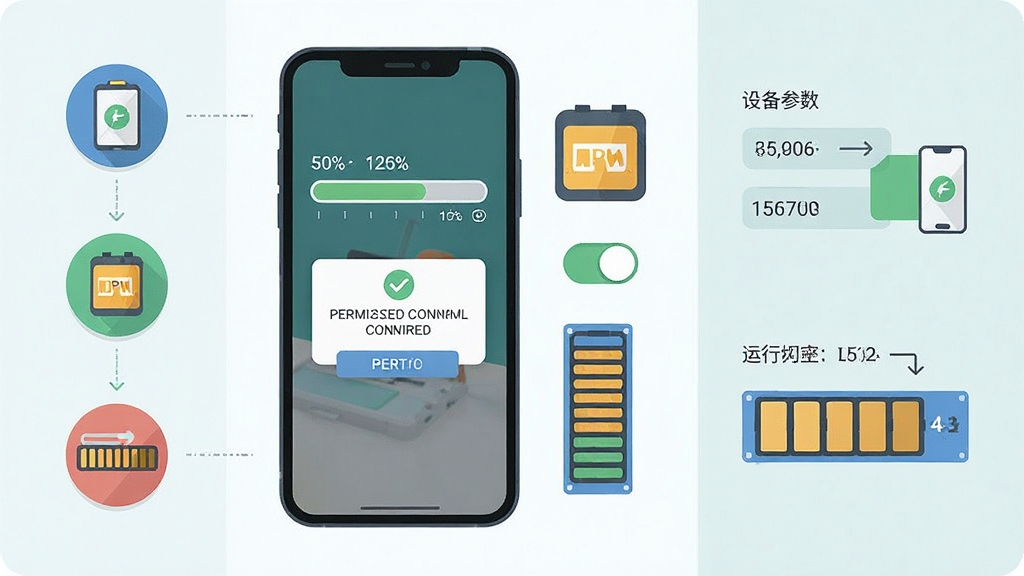 一张手机游戏安装与运行示意图,画面主体是一部智能手机屏幕显示安装进度条和权限确认弹窗,旁边有存储空间图标和运行内存示意图,布局为左右分栏,左侧是安装流程三步图标,右侧是设备参数示意,风格为扁平化科技插画,细节包括进度条百分比刻度、权限开关按钮、内存条图形,画质清晰干净,画面中不出现可读文字