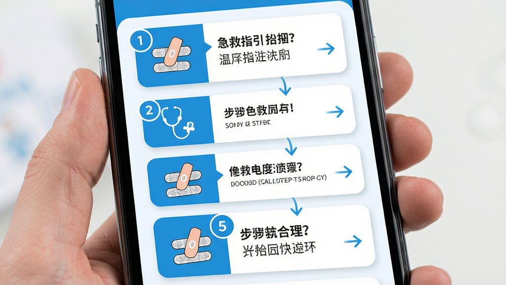 主体为手机界面展示分步急救指引卡片,布局为纵向排列的四张步骤卡片,排版每张卡片左侧图标右侧文字,风格为清爽医疗蓝白配色,细节包括步骤序号圆标、电极片示意图、箭头引导线,画质高清干净无多余装饰