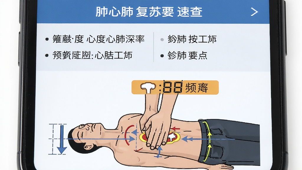 主体为手机屏幕显示心肺复苏要点速查页面,布局为上半部分文字参数下半部分人体按压位置示意图,排版左右分栏,风格为简洁信息图风格,细节包括按压深度标注线、频率数字高亮、双手交叠示意,画质清晰干净无杂乱元素