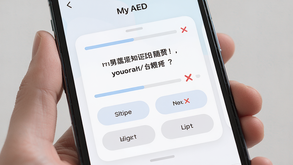 主体为手机屏幕展示My AED应用的知识自测页面,布局为居中卡片式题目与四个选项按钮,排版上下结构留白充足,风格为柔和圆角浅色界面,细节包括进度条、对错反馈图标、简洁字体,画质清晰干净无多余元素