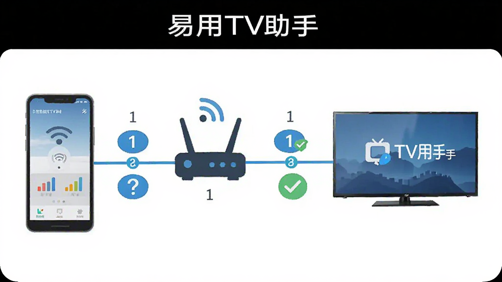 一张表现网络连接排查步骤的示意图,画面主体为手机与电视之间的网络连接拓扑图,布局为横向排列,左侧手机通过路由器图标连接右侧电视,连接线路上标注着检查步骤编号,风格为信息图表风格,细节包括路由器图标、信号强度标识、问号与对勾图标,画质清晰干净,画面中带有