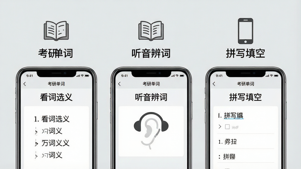 一幅展示手机屏幕多模式学习的场景图,画面中并排展示三部手机,分别显示“看词选义”“听音辨词”“拼写填空”三种训练界面,每部手机上方有对应的图标标识,背景为浅灰色,风格清爽素雅,画质清晰,界面文字包含“考研单词”字样,整体布局整齐,无多余元素