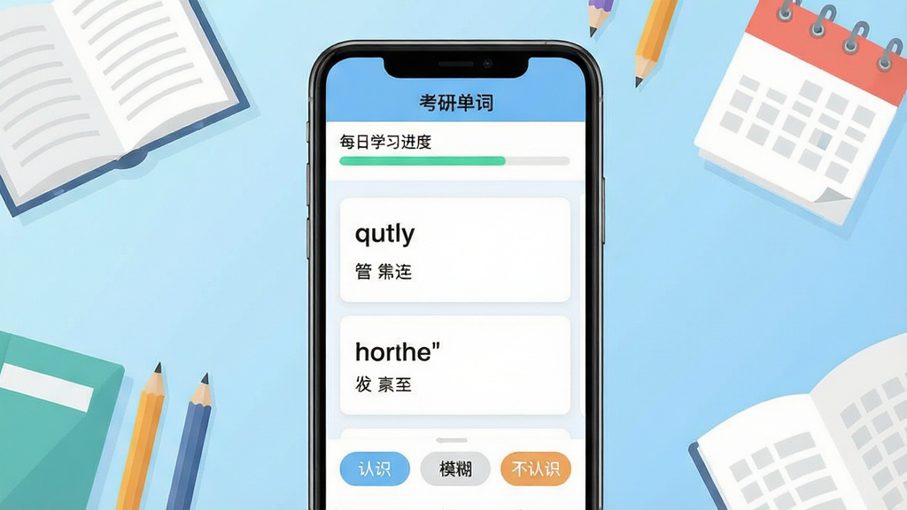 一幅手机应用界面展示图,画面中央是一部竖屏智能手机,屏幕内显示“考研单词”APP的主界面,顶部有每日学习进度条,中间是单词卡片区域展示英文单词与中文释义,底部有“认识”“模糊”“不认识”三个操作按钮,背景为浅蓝色渐变,周围点缀书本、铅笔、日历等学习元素,整体风格清新简洁,扁平化设计,画质清晰干净,无多余杂乱元素