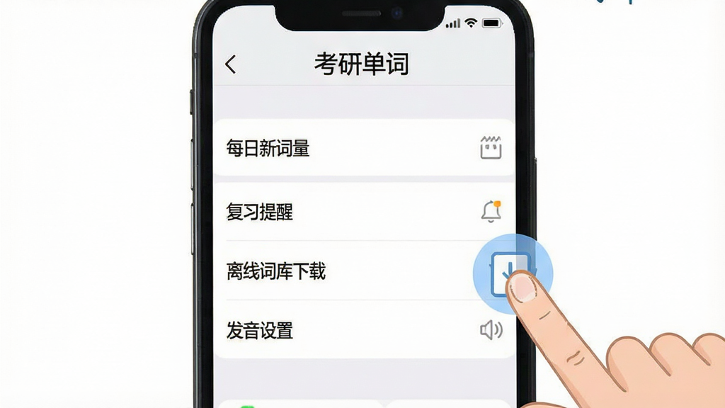 一张手机屏幕截图风格的示意图,画面展示“考研单词”APP的设置界面,包含“每日新词量”“复习提醒”“离线词库下载”“发音设置”等选项,界面为浅色主题,旁边配有手指点击操作的示意,背景为白色,风格简洁明快,画质清晰,文字内容包含“考研单词”和设置项名称,整体干净无杂乱元素
