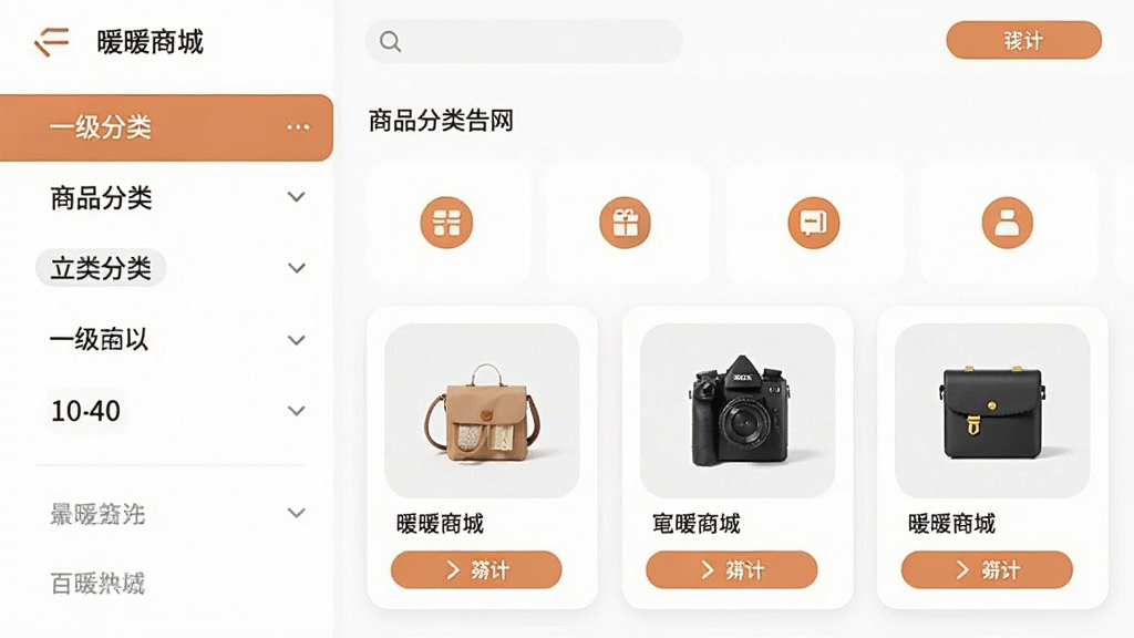一张暖暖商城应用内商品分类页面的示意图,画面左侧为一级分类列表,右侧为二级分类图标与商品卡片,布局规整,风格清爽,细节包括分类文字标签、商品小图、筛选按钮,画质干净,无多余装饰元素