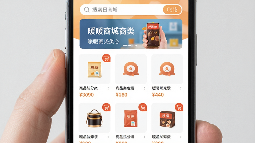 一张手机屏幕展示暖暖商城应用首页的画面,画面中央是商品分类图标网格,顶部有搜索框和轮播横幅,整体布局清晰,风格简洁明亮,细节包括商品缩略图、价格标签、购物车角标,画质干净无多余元素