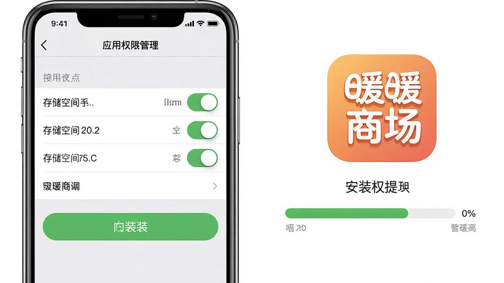 一张手机安全设置与暖暖商城安装权限提示的示意图,画面展示手机设置界面中应用权限管理页面,旁边配有暖暖商城图标和安装进度条,布局直观,风格写实,细节包括权限开关、存储空间数值、安装按钮,画质干净,无多余元素